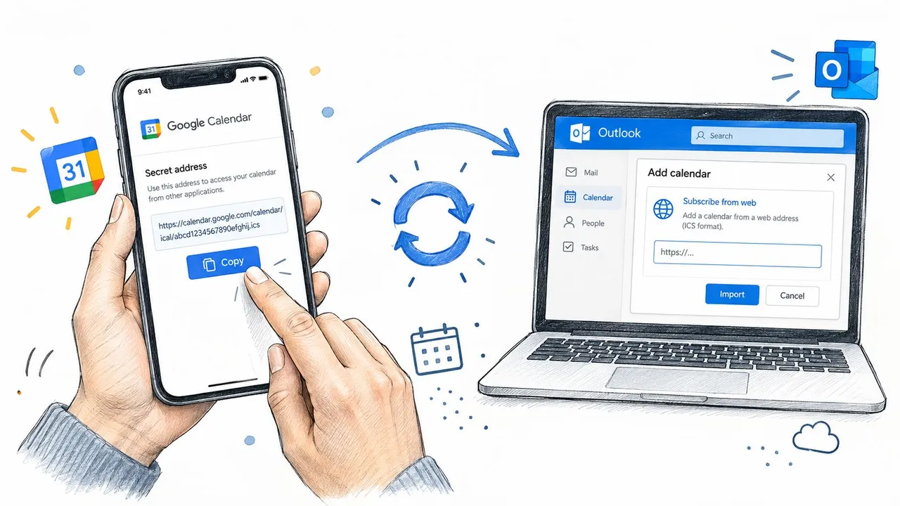 Illustration, die zeigt, wie man einen Google Calendar Link kopiert, um ihn in Outlook zu abonnieren.
