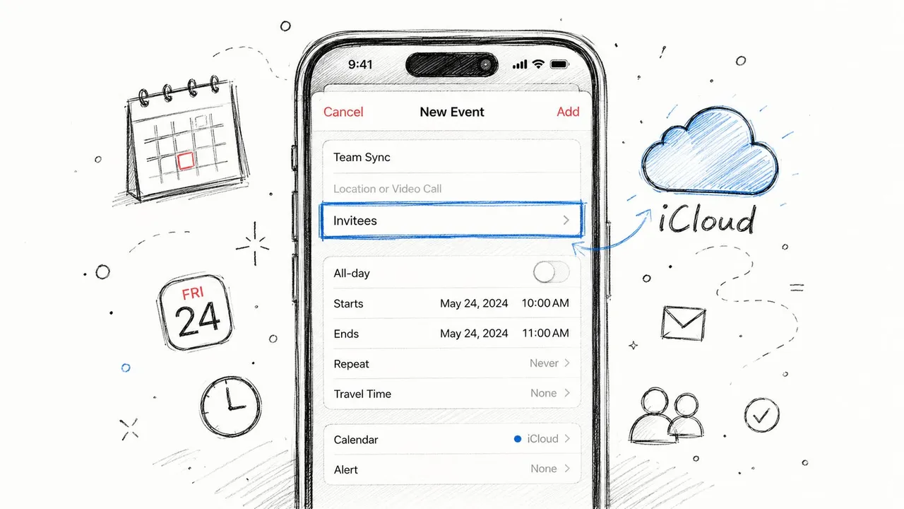 Uno schizzo digitale di un iPhone che mostra un'app calendario con una schermata di creazione evento attiva.