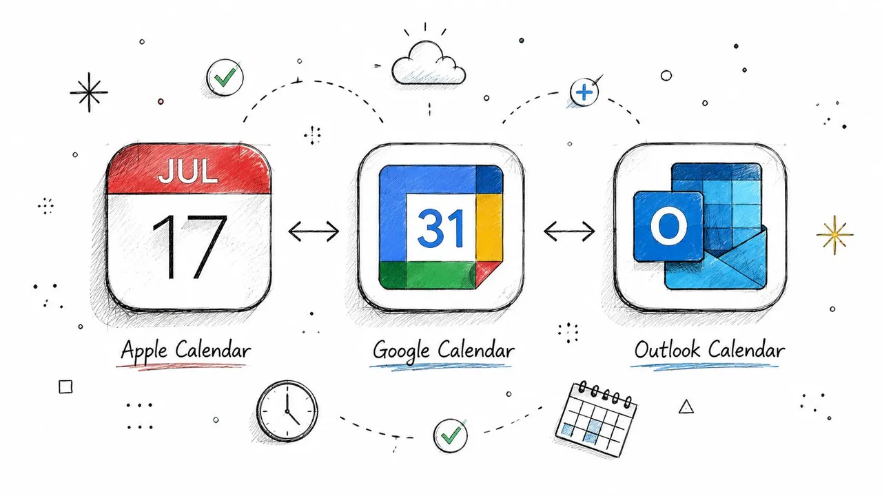 Un'illustrazione disegnata a mano che mostra l'integrazione tra le app Apple Calendar, Google Calendar e Outlook Calendar.