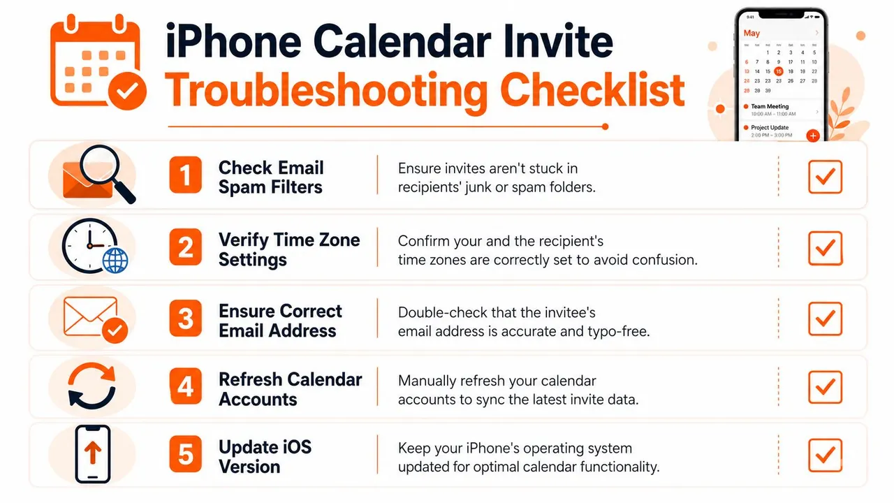 Una lista di controllo di cinque suggerimenti per la risoluzione dei problemi per correggere i problemi di invito del calendario iPhone per garantire una consegna corretta.