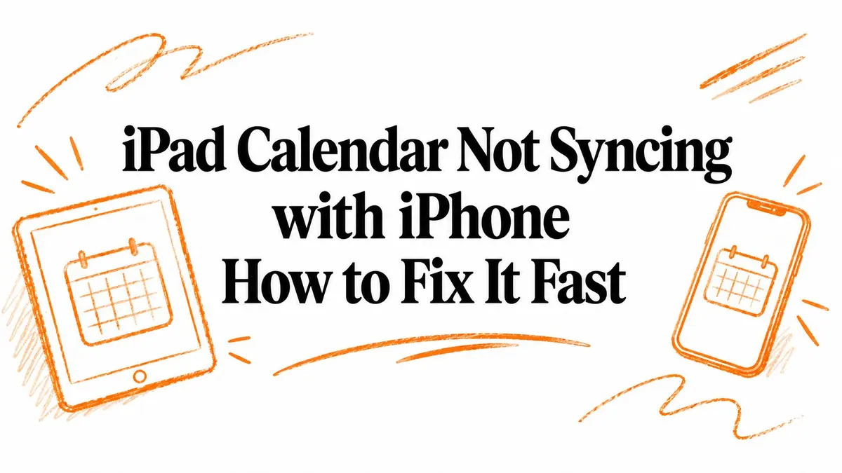 Illustration eines iPad und iPhone mit Kalendersymbolen, betitelt iPad Calendar Not Syncing with iPhone How to Fix It Fast.