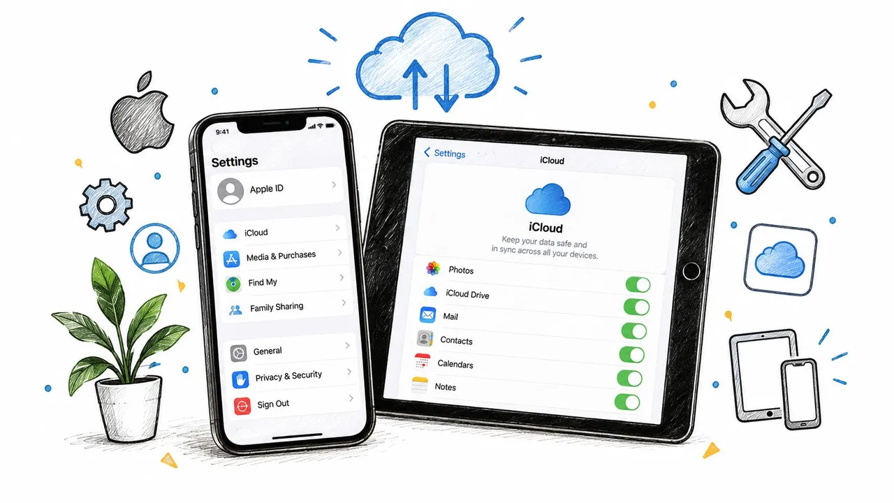 Eine Illustration, die ein iPhone und ein iPad zeigt, die iCloud-Einstellungsbildschirme anzeigen, was die geräteübergreifende Datensynchronisierung symbolisiert.