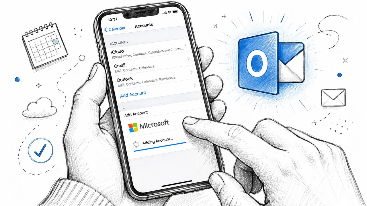 Screenshot der iPhone-Einstellungen, der das Hinzufügen eines Microsoft-Kontos für die Kalendersynchronisierung zeigt.