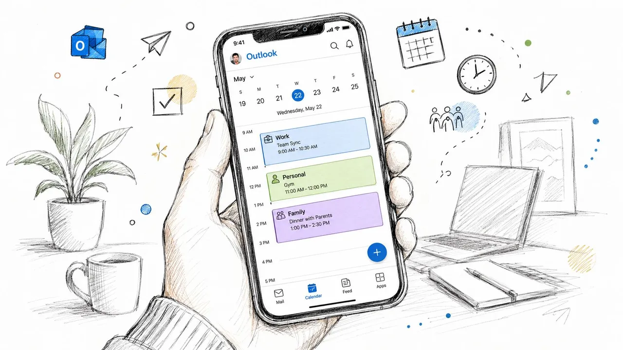 Hand hält ein Smartphone mit der Kalenderansicht der Outlook App, die Arbeits-, Privat- und Familientermine zeigt.