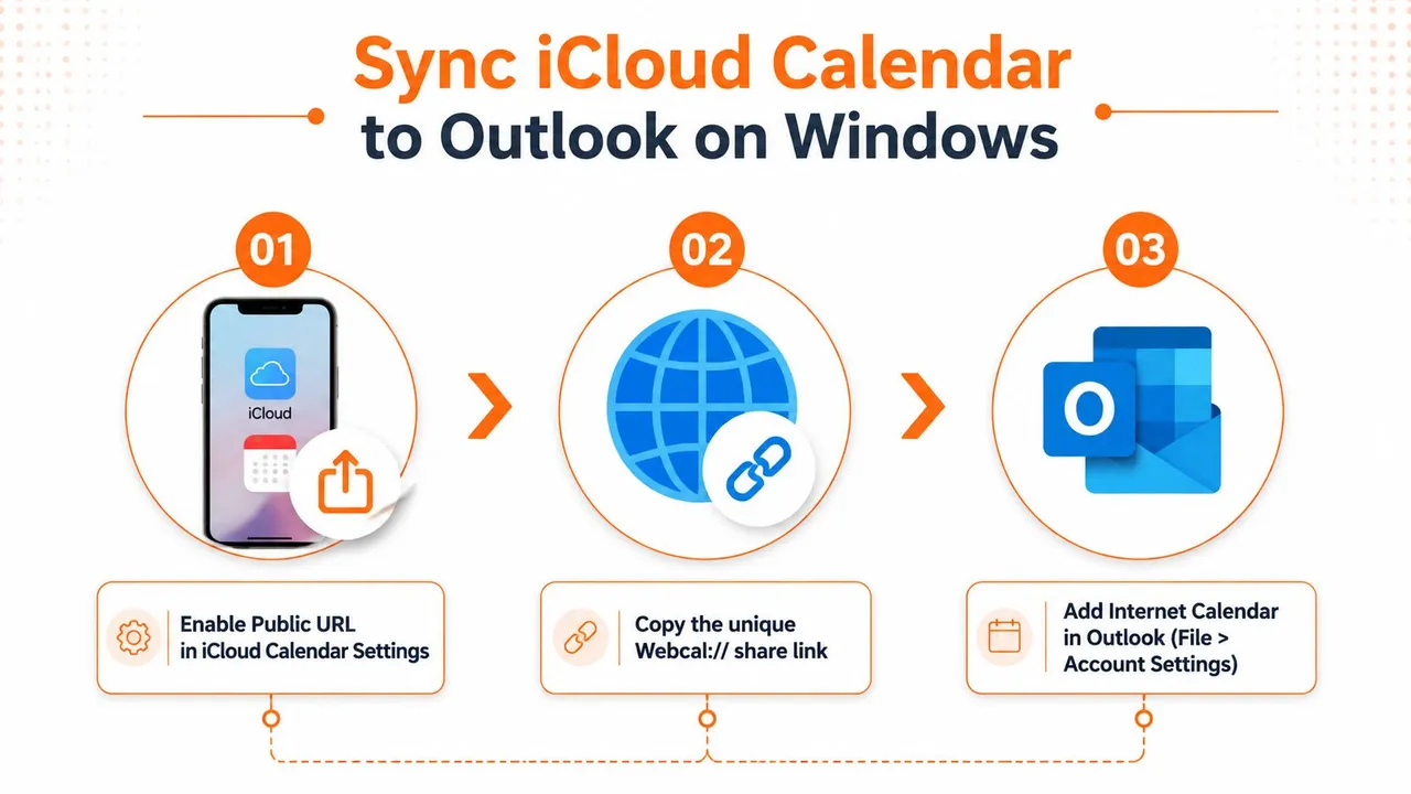 Eine dreistufige Infografik, die zeigt, wie man den iCloud-Kalender über einen Weblink mit Outlook unter Windows synchronisiert.