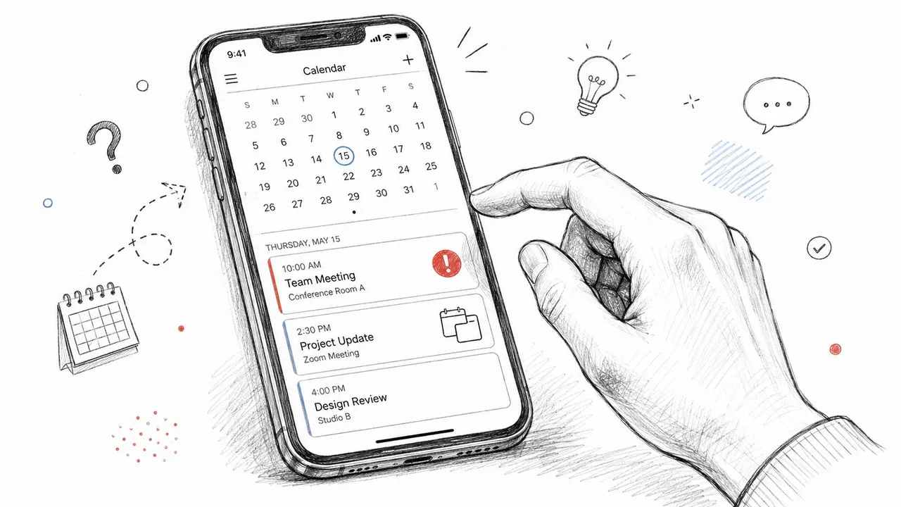 Illustration einer Hand, die mit einem iPhone-Kalender interagiert, der einen Synchronisierungsfehler anzeigt.