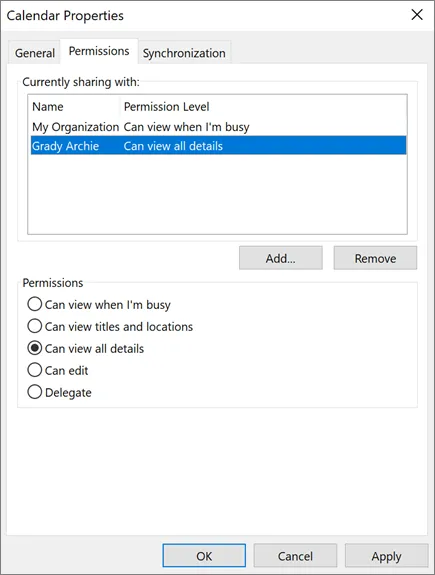diferentes niveles de autorización al compartir el calendario de outlook