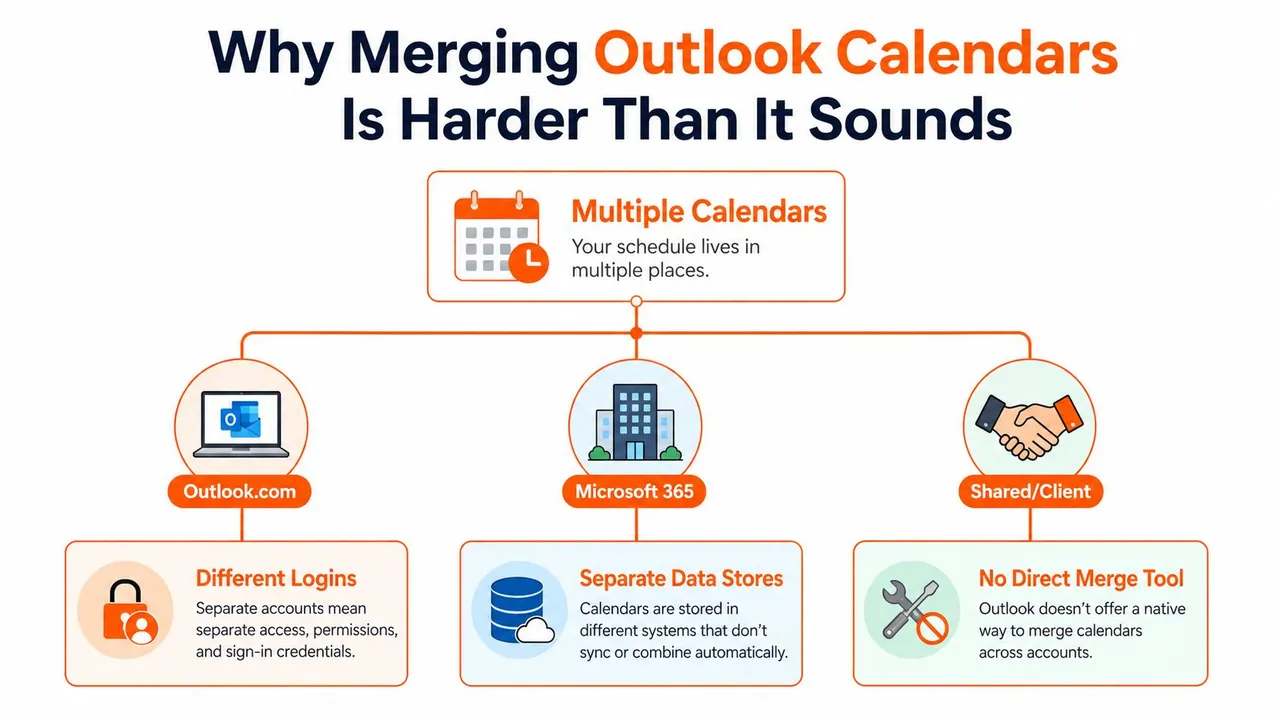 Ein Flussdiagramm, das erklärt, warum das Zusammenführen mehrerer Outlook-Kalender über verschiedene Plattformen hinweg aufgrund technischer Einschränkungen schwierig ist.