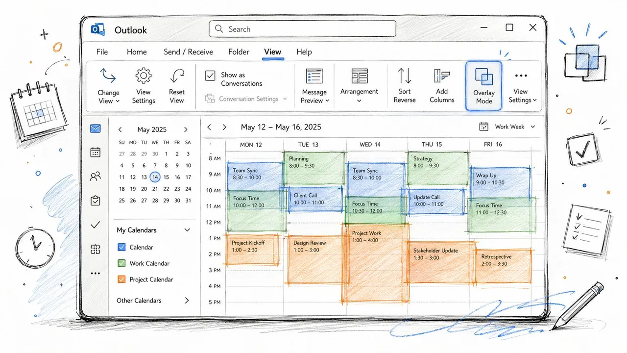 Eine handgezeichnete Illustration der Outlook-Kalenderoberfläche mit mehreren aktiven Kalendern im Overlay-Modus.