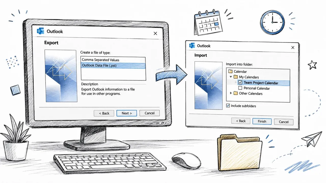Eine handgezeichnete Illustration, die den Prozess des Exports und Imports von Outlook-Kalenderdaten auf einem Computerbildschirm zeigt.