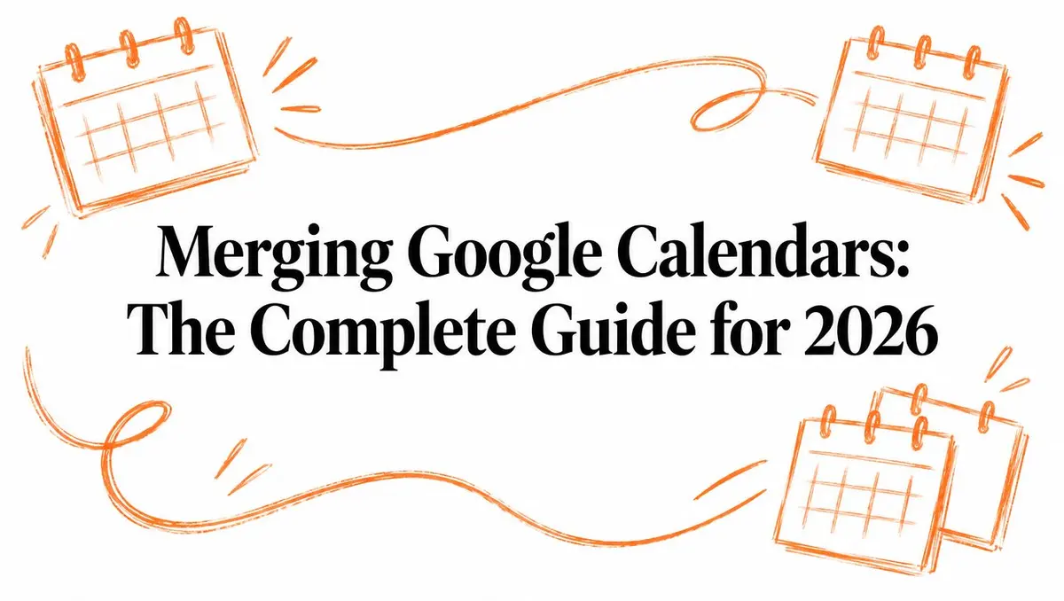 Ilustración de iconos de calendario rodeando el título Merging Google Calendars: The Complete Guide for 2026.