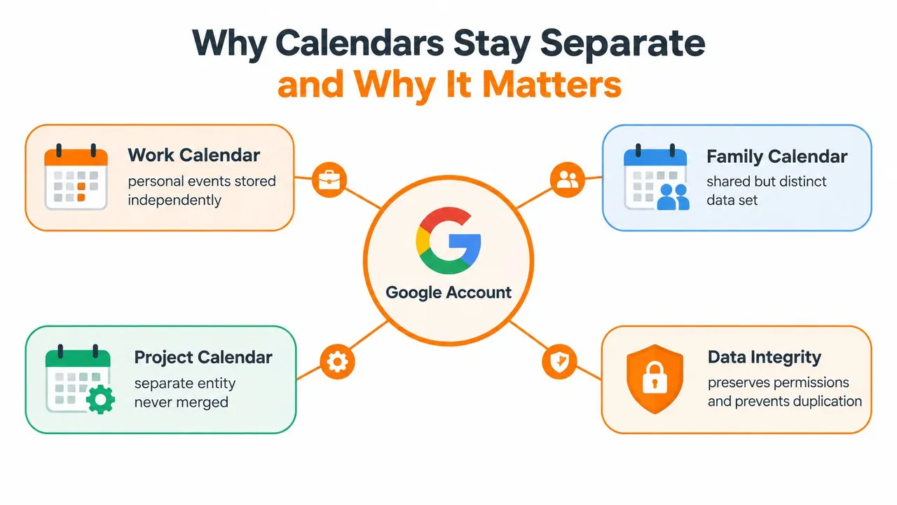 Un diagrama que explica por qué los calendarios de Google siguen siendo entidades separadas dentro de una misma cuenta de Google para la integridad de los datos.