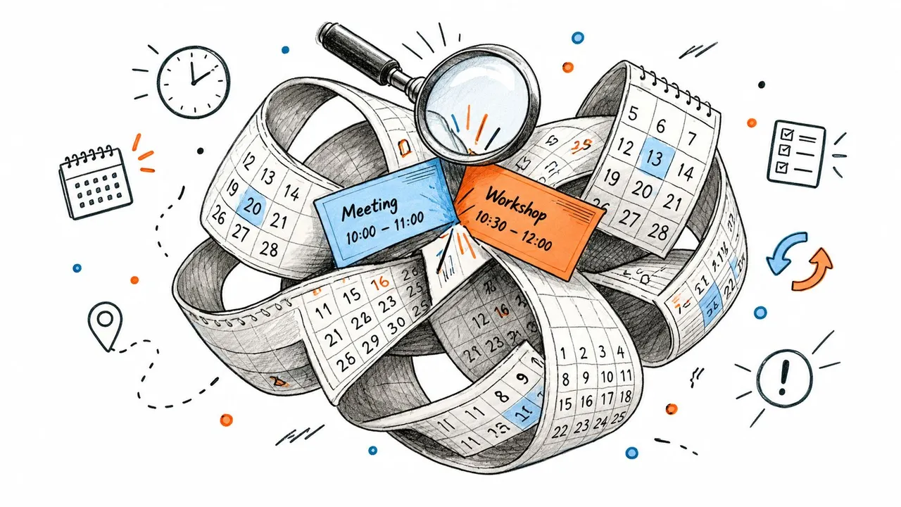 Una ilustración dibujada a mano que muestra múltiples tiras de calendario enredadas siendo examinadas con una lupa.