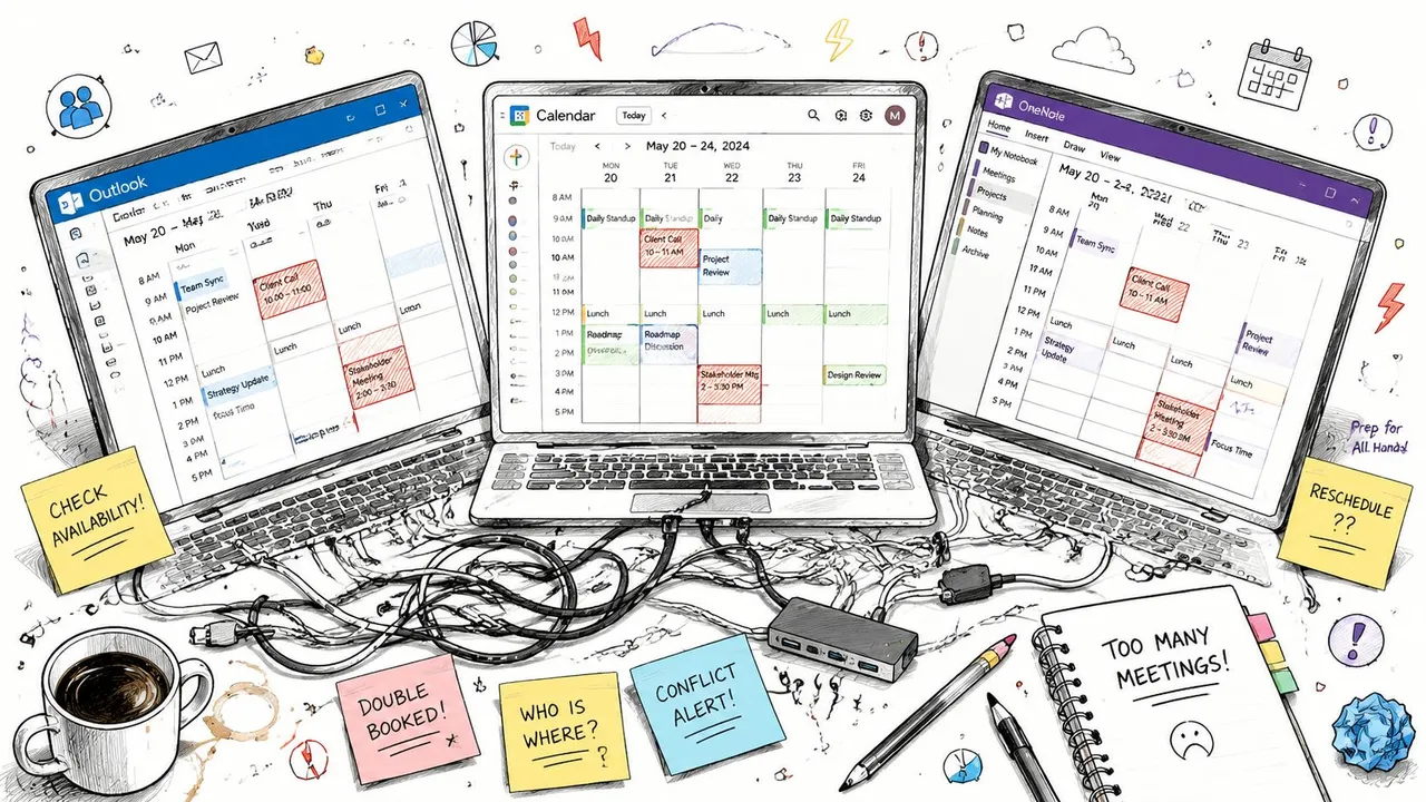 Three laptop screens displaying overlapping meeting calendars causing scheduling conflicts for a busy professional workspace.