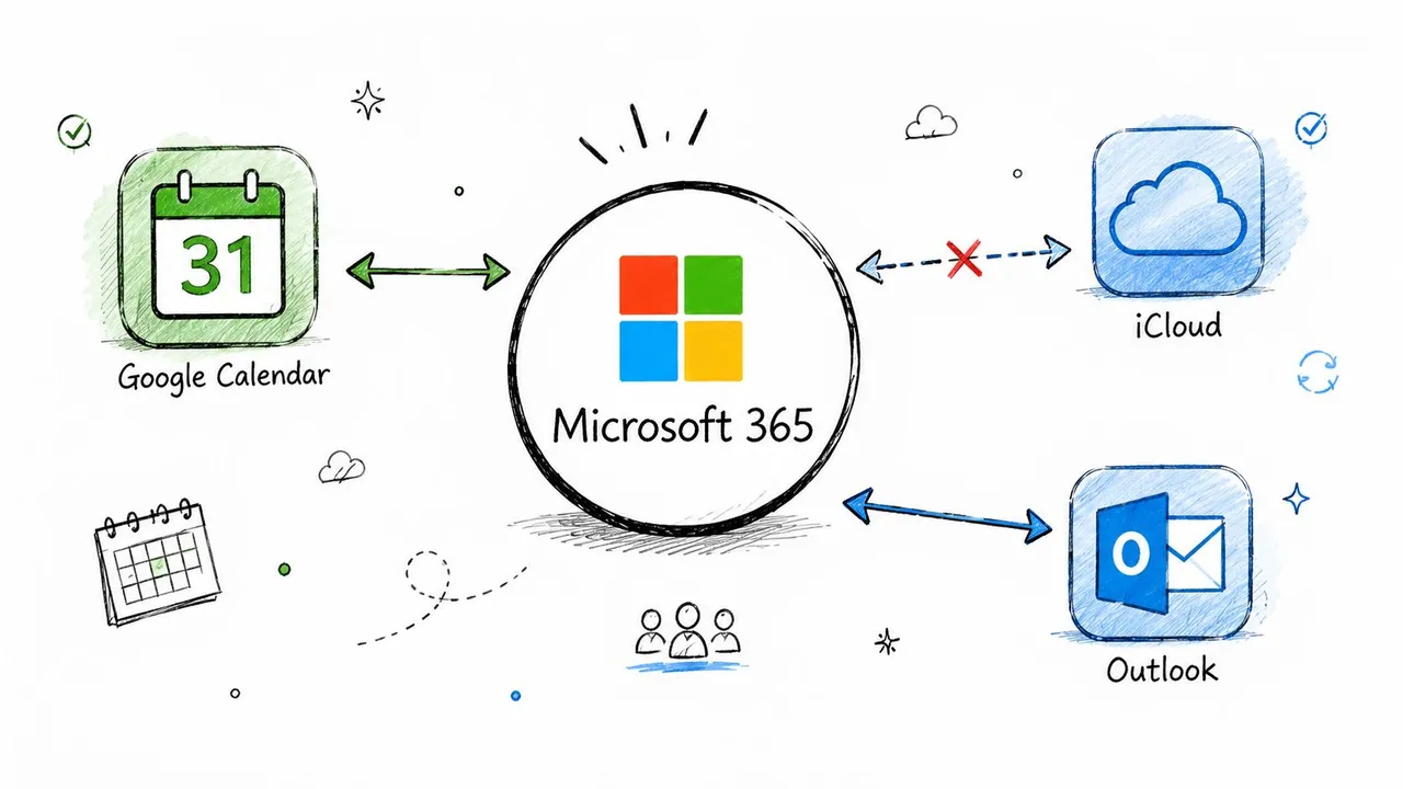 A diagram illustrating integration between Microsoft 365, Google Calendar, and Outlook, with a crossed-out connection to iCloud.