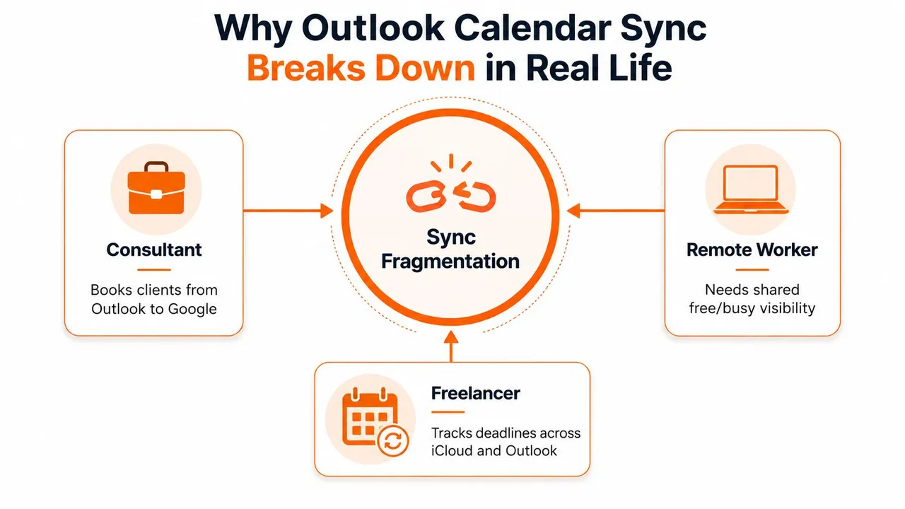 A diagram illustrating how sync fragmentation disrupts Outlook calendar management for consultants, freelancers, and remote workers.