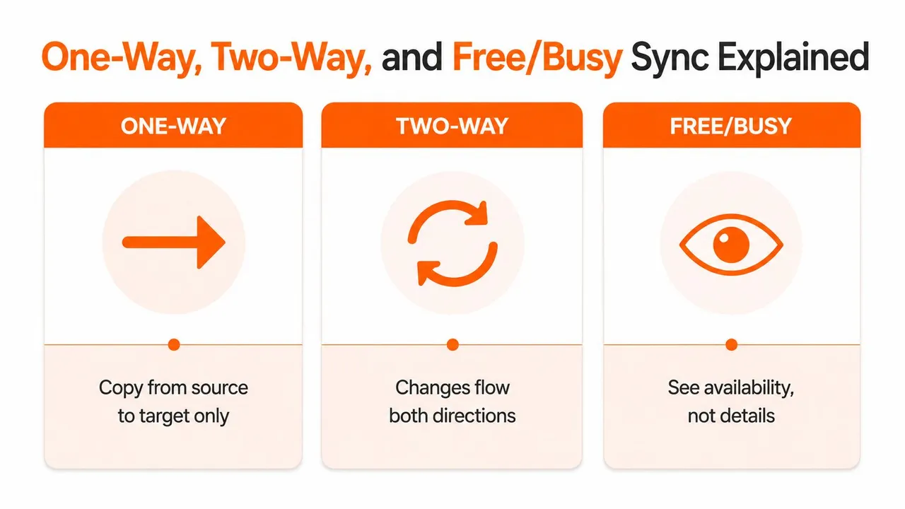 An infographic explaining calendar synchronization types: One-Way, Two-Way, and Free/Busy, highlighting how each method transfers data.