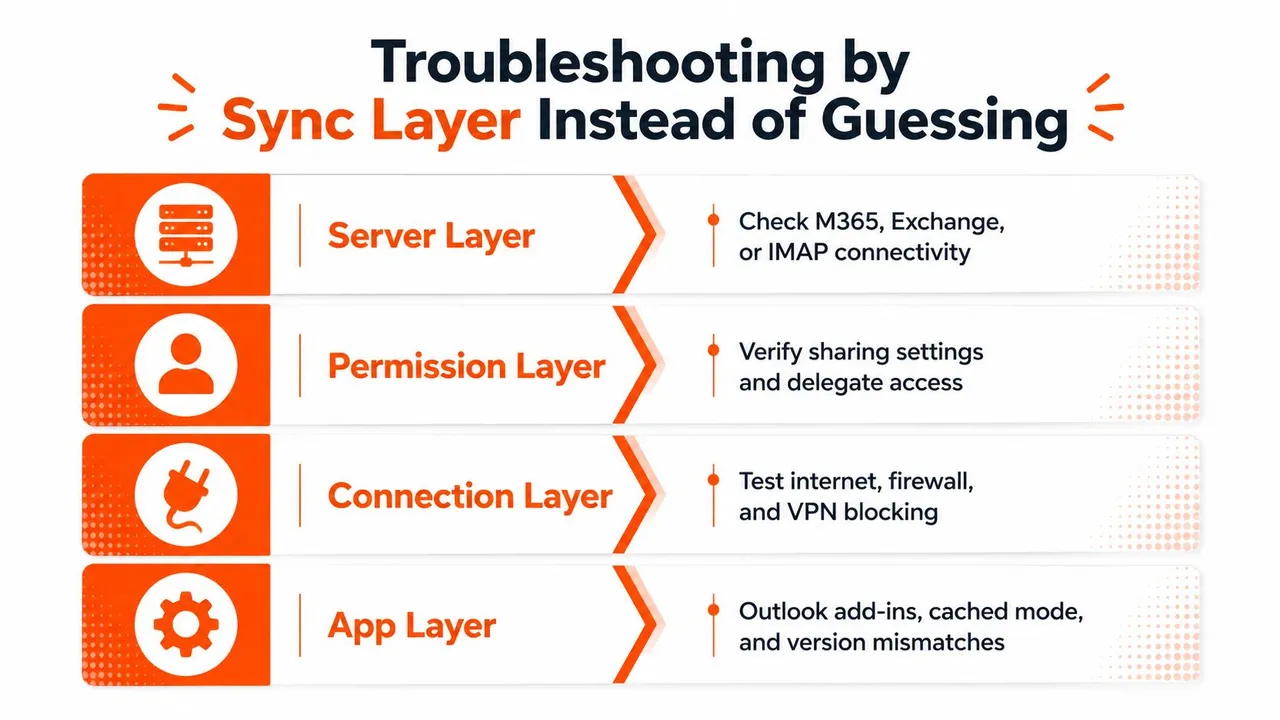 A diagram outlining troubleshooting steps for Microsoft Outlook calendar synchronization categorized by server, permission, connection, and app layers.