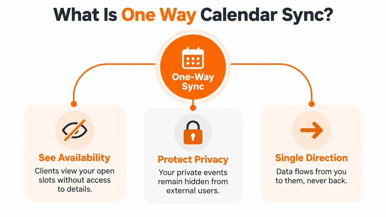 Un diagrama que explica la sincronización de calendario unidireccional, destacando funciones como la visualización de disponibilidad, la protección de la privacidad y el flujo de datos en una sola dirección.