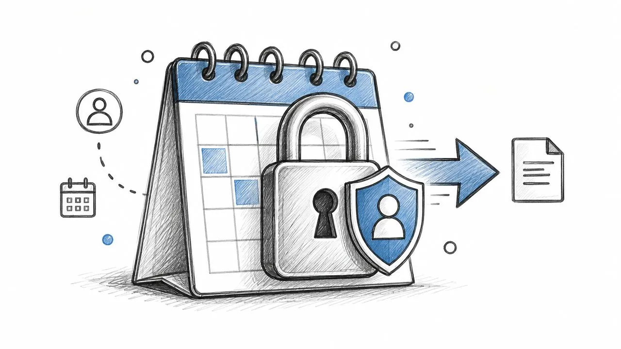 Una ilustración esquemática que muestra un calendario seguro con un icono de candado y escudo que indica la privacidad de los datos