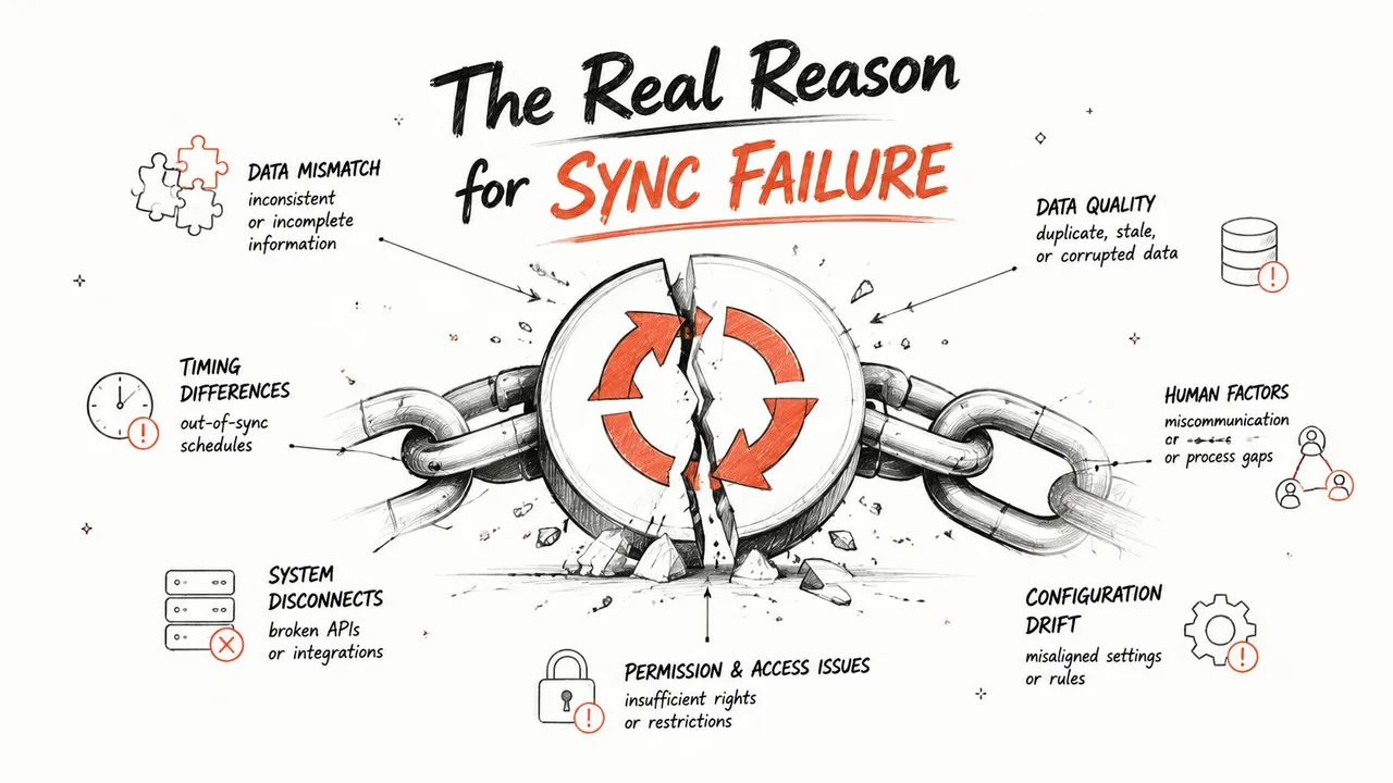 An infographic illustration showing the common causes of sync failure in digital systems and software integration.