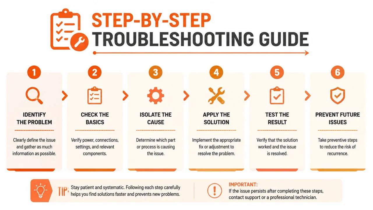A six-step infographic illustrating a logical troubleshooting process for resolving technical problems systematically and effectively.