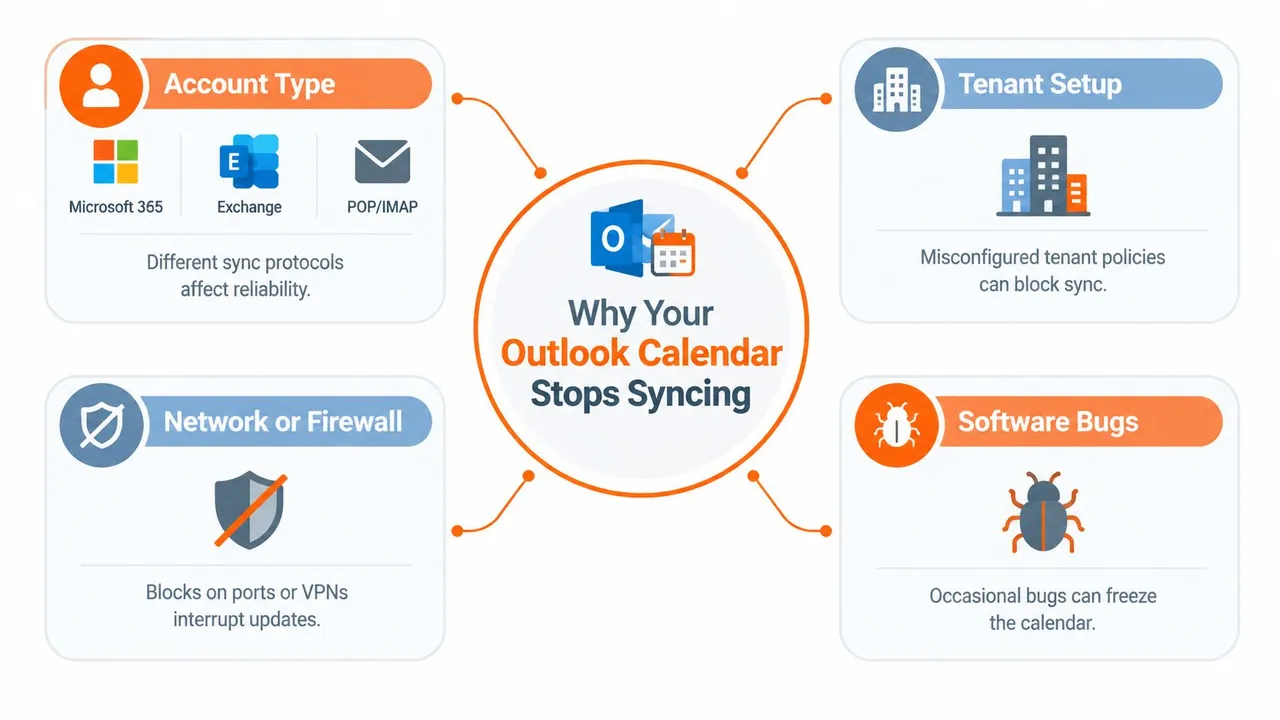 A diagram illustrating four primary reasons why an Outlook calendar might stop syncing or updating correctly.
