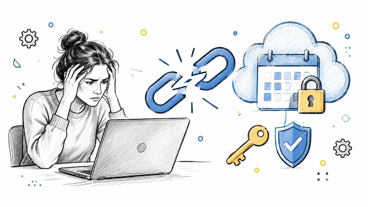 A woman looks stressed while using a laptop, representing issues with Outlook calendar not syncing or connecting.