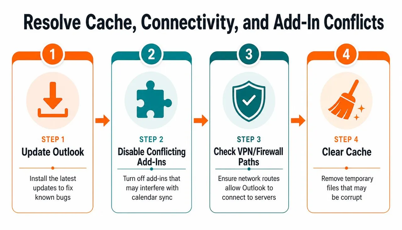 A four-step troubleshooting guide for resolving Outlook calendar synchronization issues, connectivity problems, and add-in conflicts.