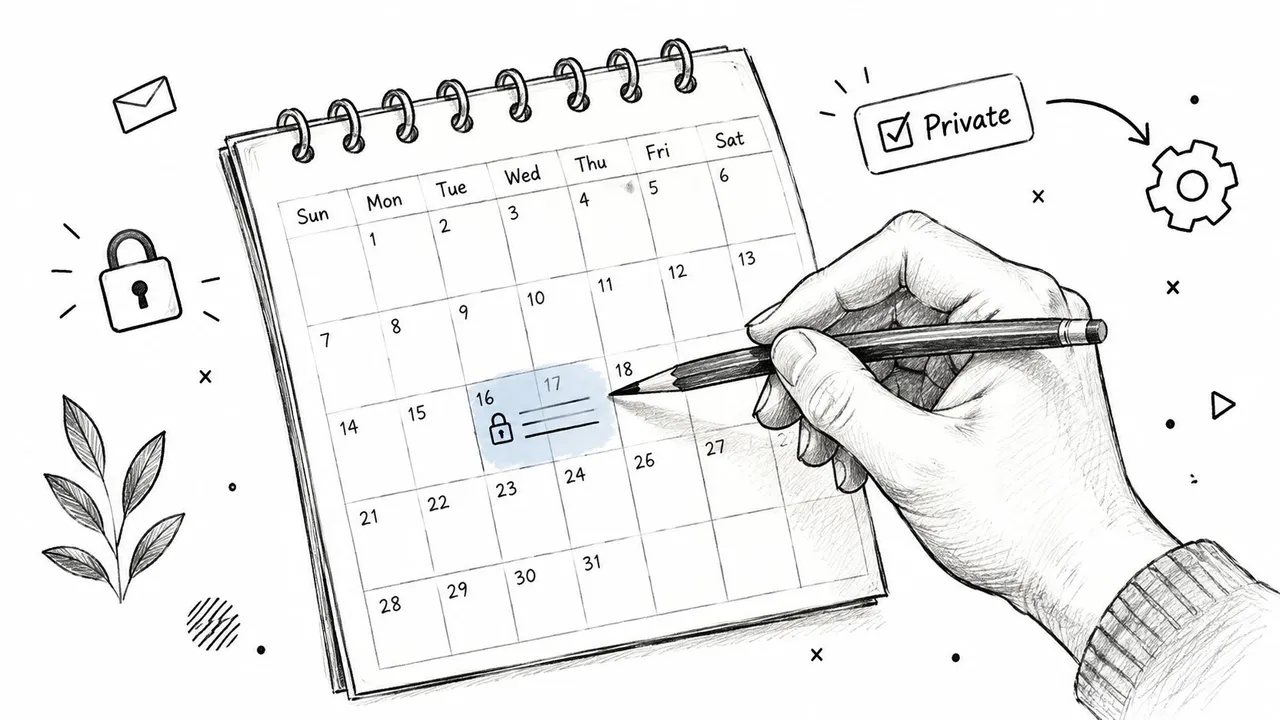 A hand writes on a calendar page with a lock icon highlighting a private scheduled event date.