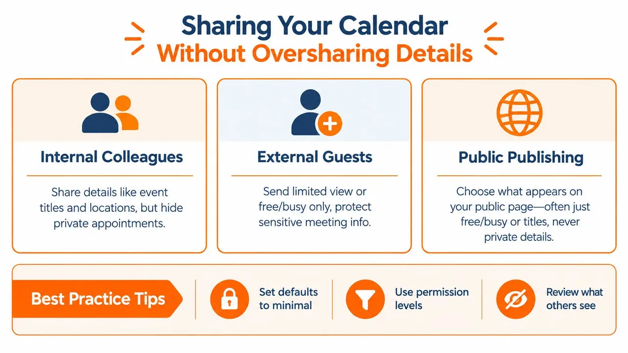 An infographic titled Sharing Your Calendar Without Oversharing Details featuring tips for managing privacy with colleagues, guests, and public publishing.