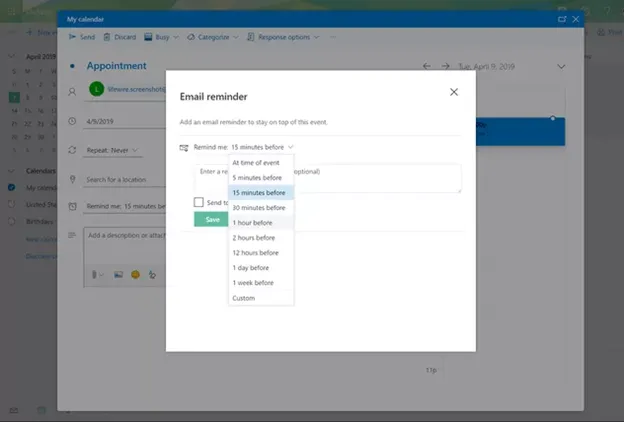 recordatorio por correo electrónico de outlook calendar