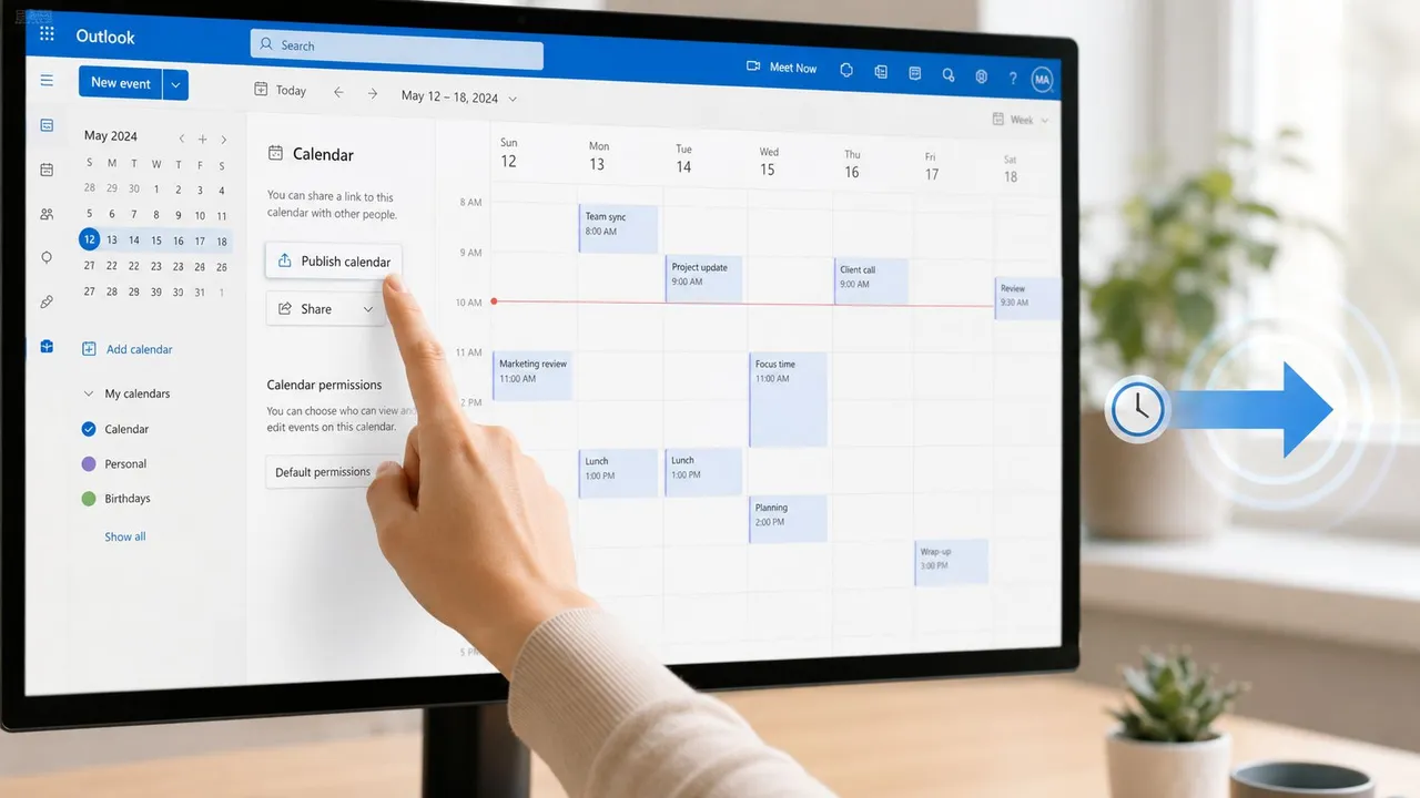 Eine Person zeigt auf die Schaltfläche „Kalender veröffentlichen“ auf einer Outlook-Kalenderoberfläche, die auf einem Computerbildschirm angezeigt wird.