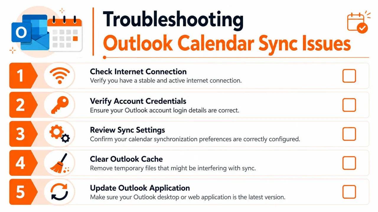 Eine Infografik-Checkliste mit fünf Schritten zur Fehlerbehebung bei Outlook-Kalendersynchronisierungsproblemen für bessere Produktivität.