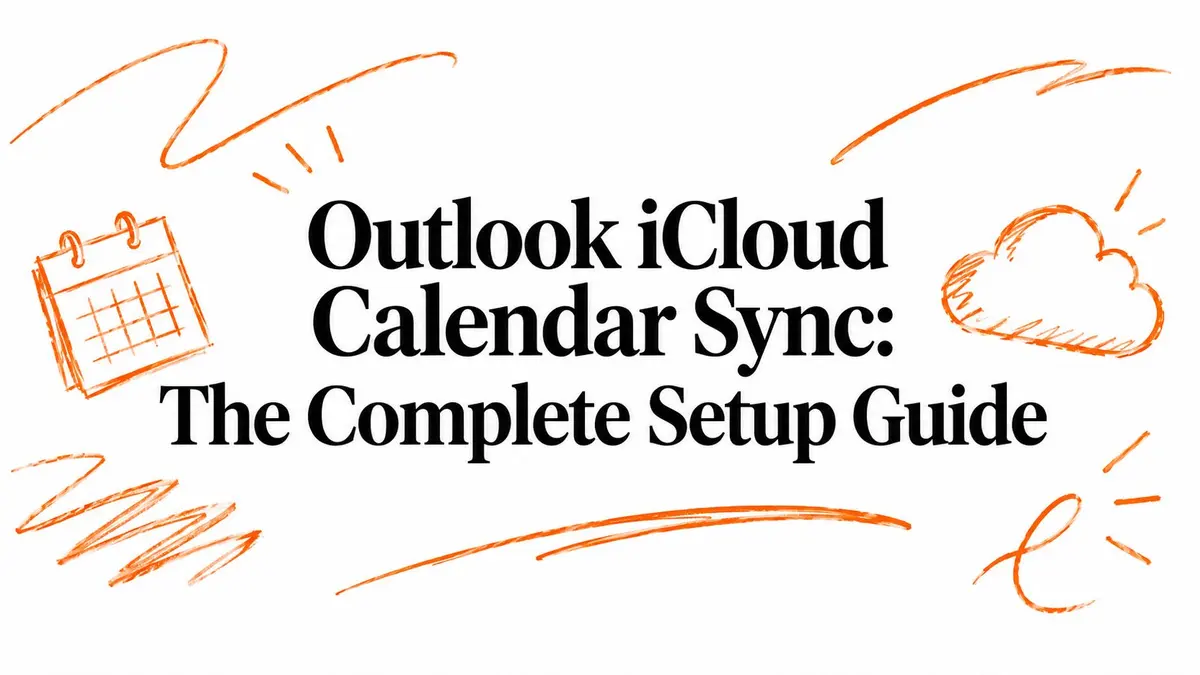 Illustration mit dem Text Outlook iCloud Calendar Sync: The Complete Setup Guide sowie Kalender- und Cloud-Symbolen.