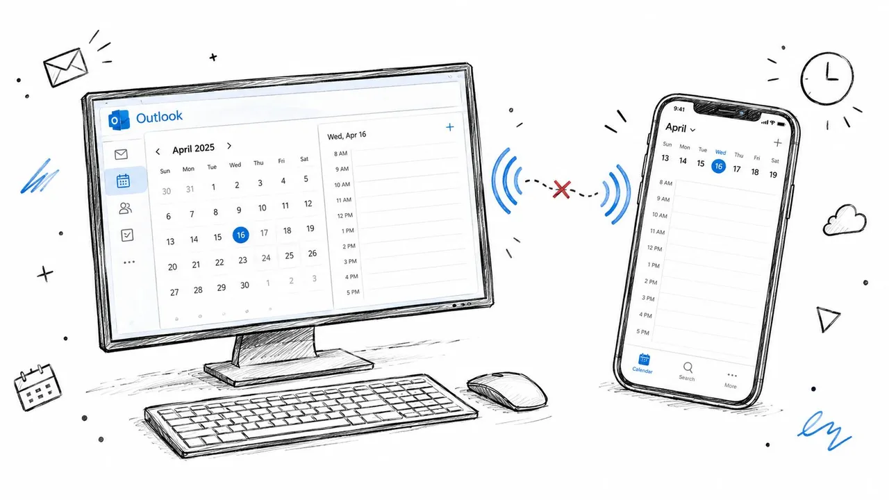 Une illustration dessinée à la main montrant un écran d'ordinateur et un smartphone déconnectés par une icône de connexion sans fil brisée.