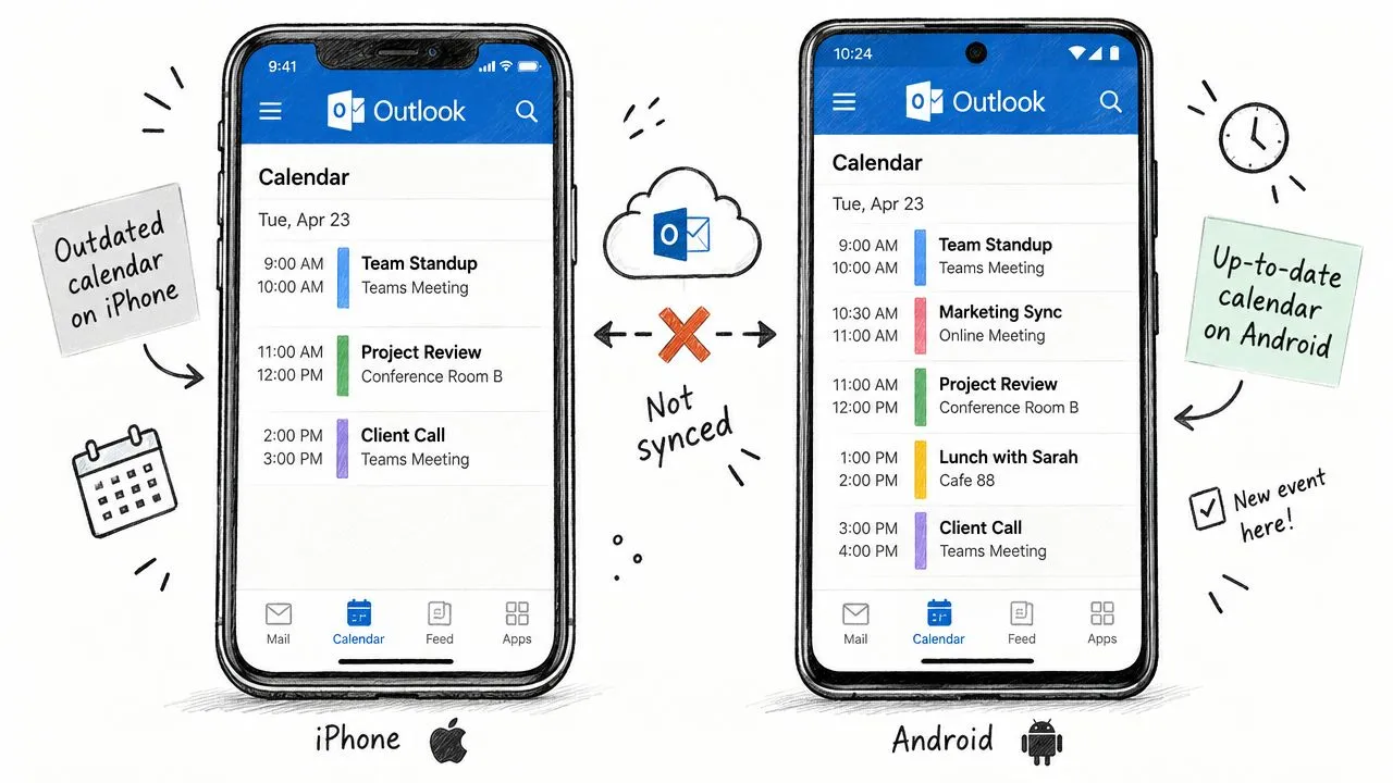 Une comparaison montrant un calendrier Outlook qui ne se synchronise pas entre un iPhone et un smartphone Android.