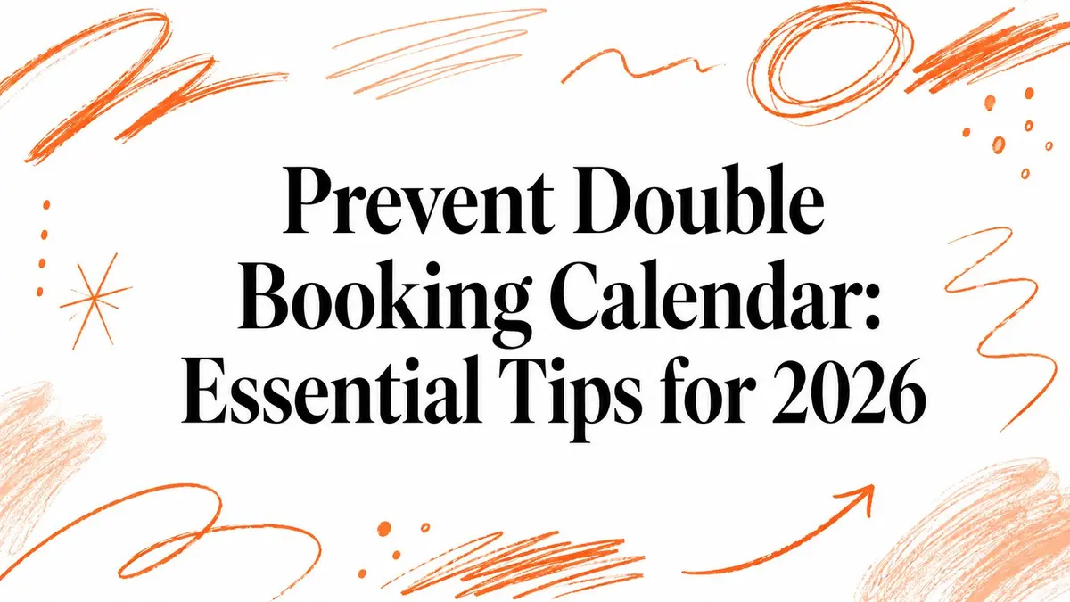 Illustration with the text Prevent Double Booking Calendar: Essential Tips for 2026 surrounded by orange doodles.