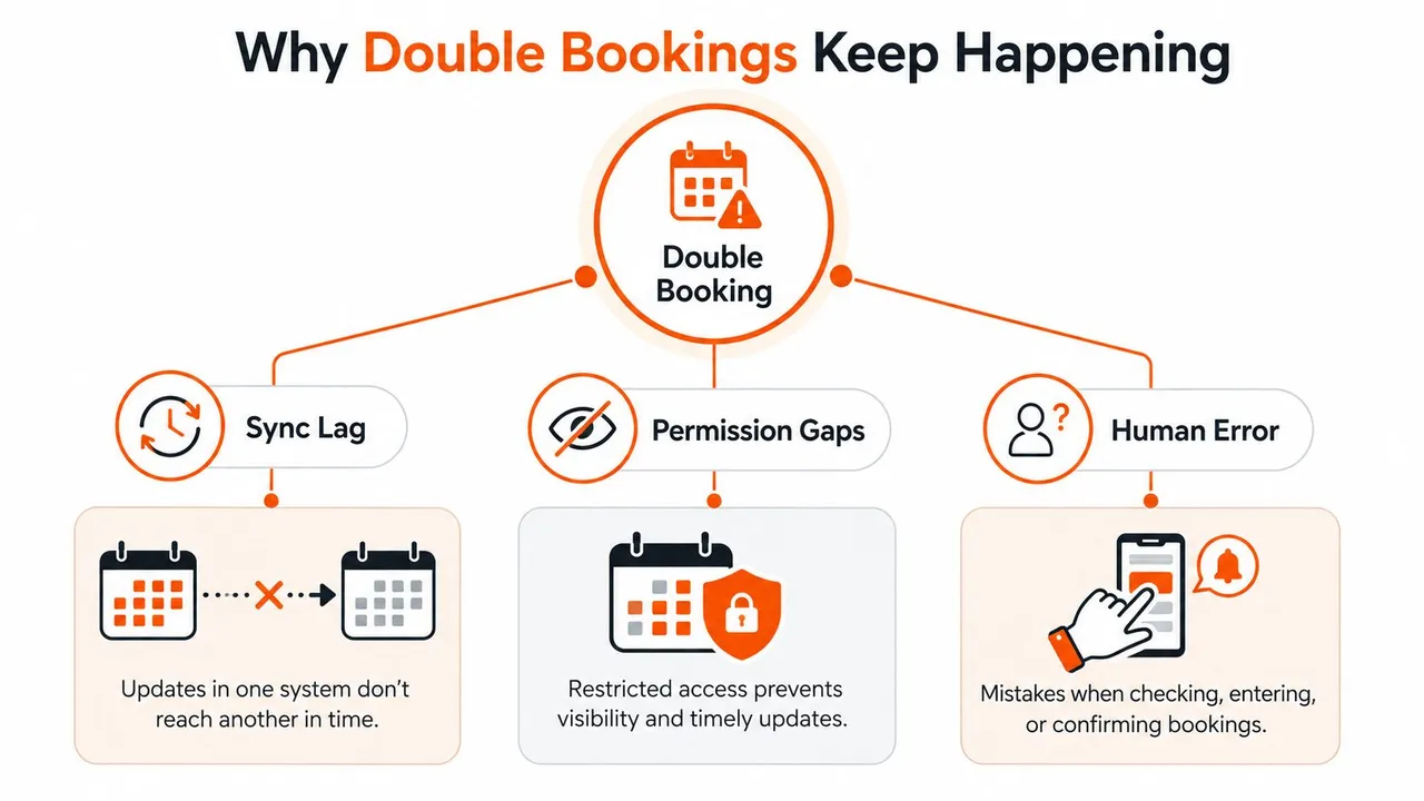 An infographic showing the three main reasons why double bookings occur: sync lag, permission gaps, and human error.