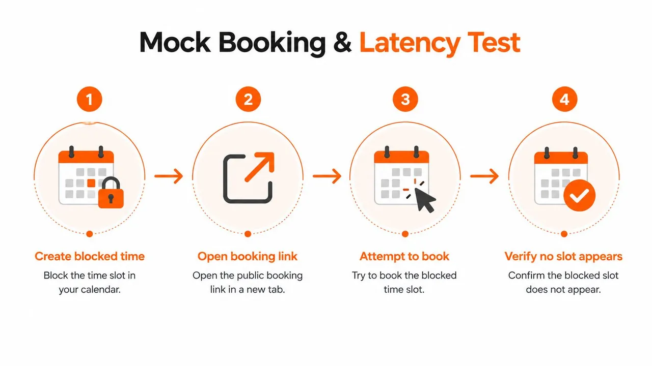 A four-step diagram illustrating how to test for latency and prevent double bookings on a calendar.