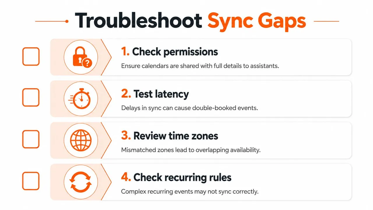 A checklist infographic titled Troubleshoot Sync Gaps for solving calendar synchronization issues and double booking problems.