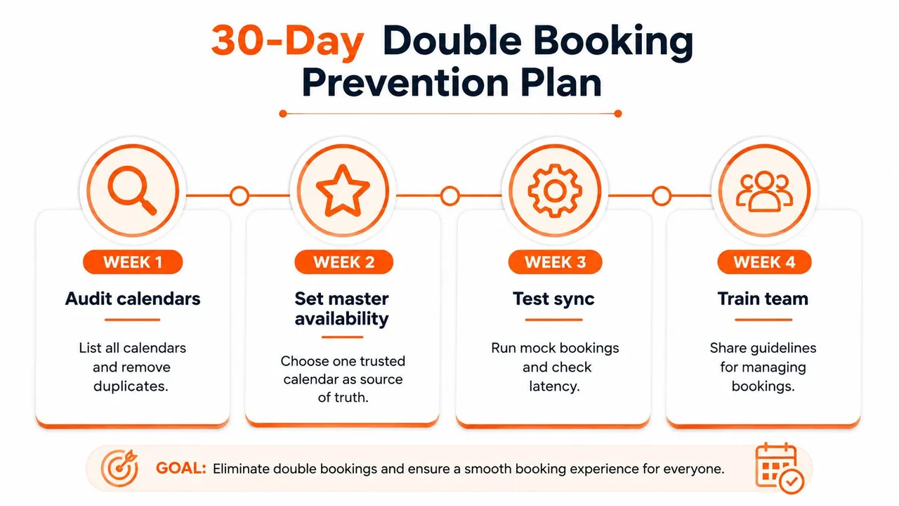 A four-week plan infographic designed to help businesses eliminate double bookings and improve calendar management efficiency.