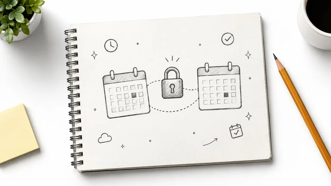 Una pagina di un taccuino che mostra il disegno di due calendari collegati da un'icona a forma di lucchetto chiuso.
