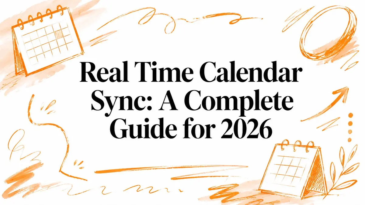 Illustration avec des croquis orange de calendriers et le texte Real Time Calendar Sync: A Complete Guide for 2026.