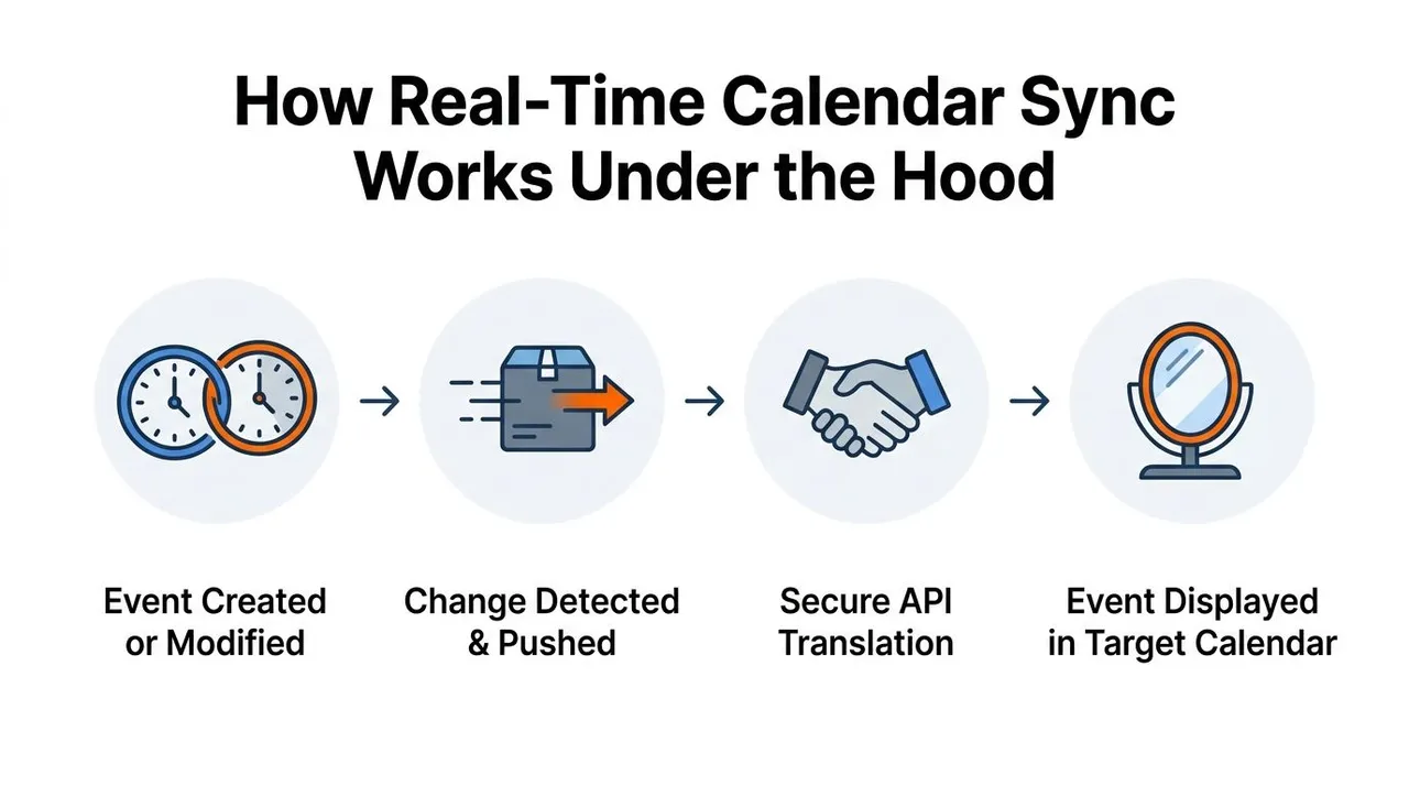 Un diagramme illustrant le processus en quatre étapes du fonctionnement de la synchronisation de calendrier en temps réel en coulisses.
