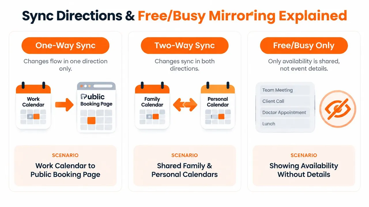 Une infographie expliquant les méthodes de synchronisation de calendrier, y compris la synchronisation unidirectionnelle, bidirectionnelle et les options de miroir de disponibilité.