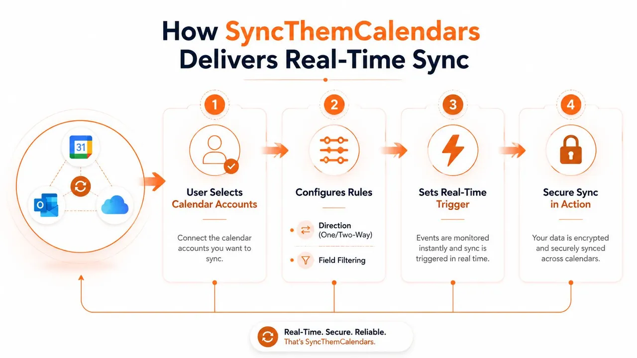 Une infographie montrant le processus en quatre étapes pour utiliser SyncThemCalendars pour la synchronisation de calendrier en temps réel entre les plateformes.