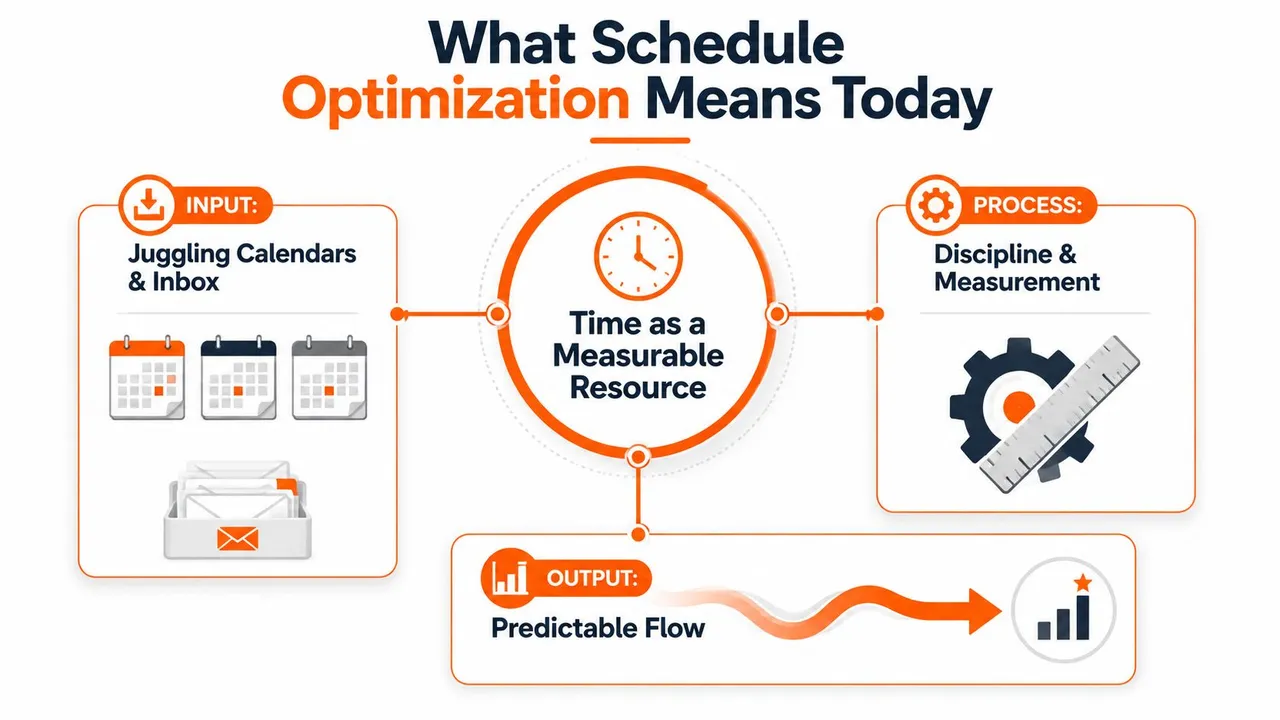 Une infographie montrant l'optimisation des plannings comme un processus de gestion des calendriers, des entrées et du temps mesurable pour la fluidité.