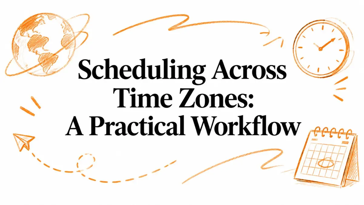 Illustrazione con un globo, un orologio e un calendario, intitolata Scheduling Across Time Zones: A Practical Workflow.