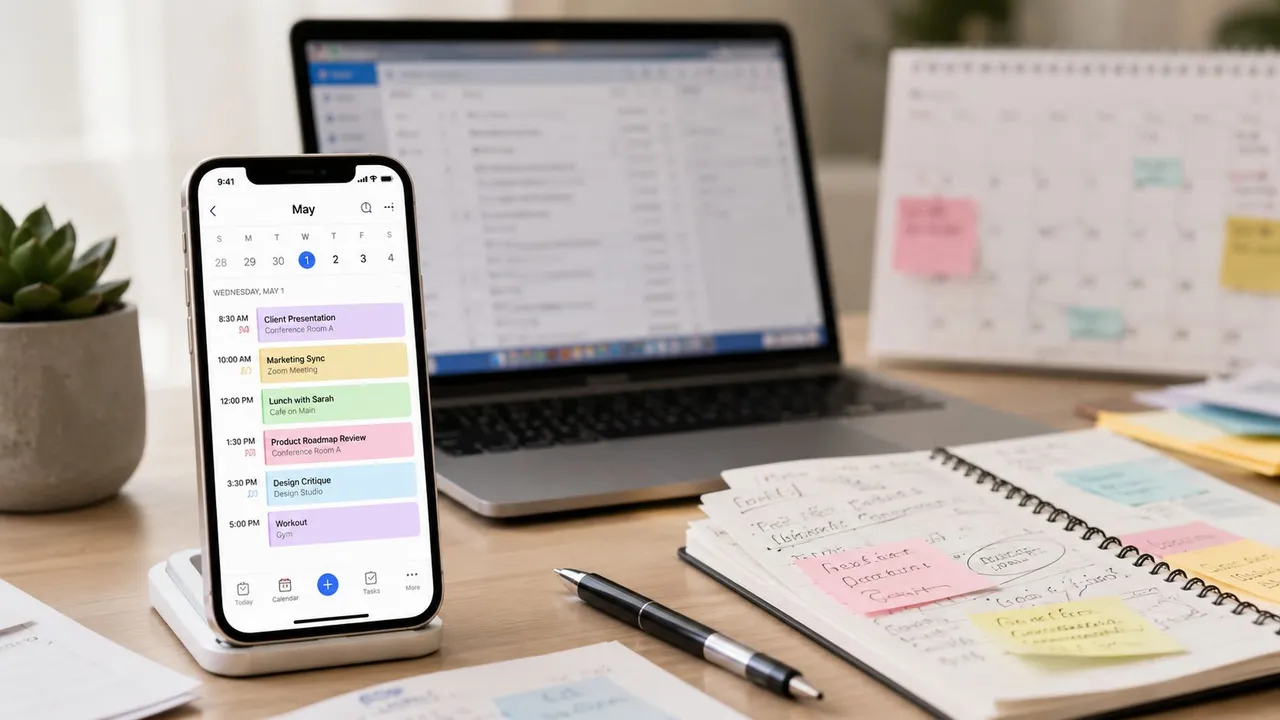 Um smartphone em uma base de carregamento sem fio exibe um aplicativo de calendário digital ao lado de um laptop e um caderno.